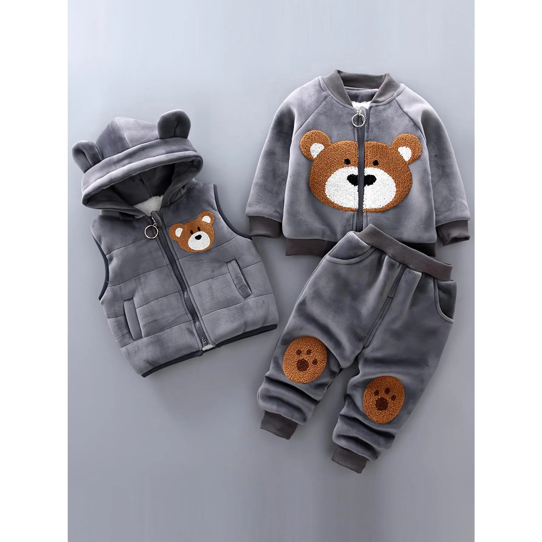 Baby Boys and Girls Spring Autumn Winter Clothing Set Thickened Wool Bear Jacket Vest Pants Three-Piece Sports Set Baby Warm Clothing Outdoor Set, Outdoors Romper Cute