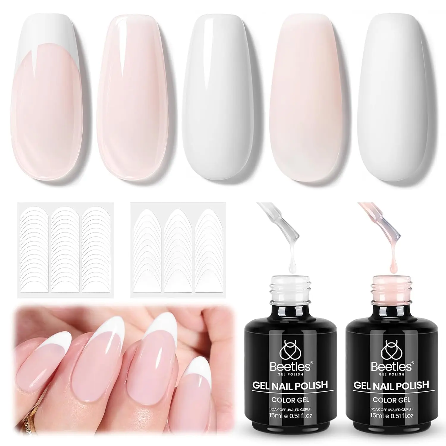 Beetles French Nail Gel Polish Set -  Summer Soak Off UV Gel Polish French Nail Art Manicure Salon DIY Design at Home Gift for Woman Flawless Smooth  Fall Nail Thanksgiving Gift Black Friday Winter Nail Christmas Gift