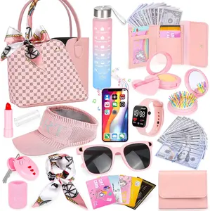 Play Purse for Little Girls, 34PCS Toddler Sports Purse with Sun Hat, Wristbands, Water Bottle, Princess Toys Includes Handbag, Wallet, Pretend Makeup for Kids Purse Birthday Gift