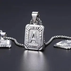 A-Z Letters Silver Color Charm Pendant Necklaces Square Capital Stainless Steel Letter Necklace Unisex Alphabet Jewely