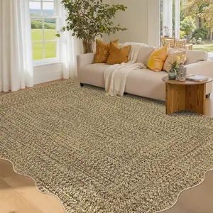 Garvee Braided Collection-Print Scalloped Area Rug 5x7, Washable, Non-Slip, Non-Shedding, Ultra-Thin Foldable Carpet for Bedroom, Living Room, Dining Room, Farmhouse Floor Cover
