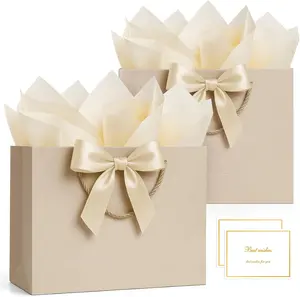 2PCS Gift Bags Medium with Handles 4 Tissue Paper 2 Ribbons 2 Cards, Gift Wrap Bags for Women Mother's Day Wedding Bridal Baby Shower Birthday Engagement Presents Party Favors (Champagne Beige)