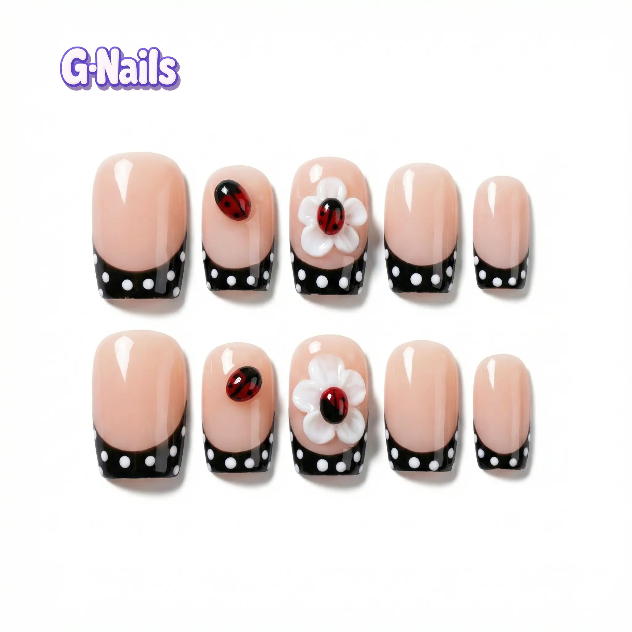 G Nails B04 Lady Bug 3D Floral 10pcs Handmade Press On Nails with Glue & Tool Kit for Everyday Spring Manicure Women Black tips short square nails Reusablenails Springnails