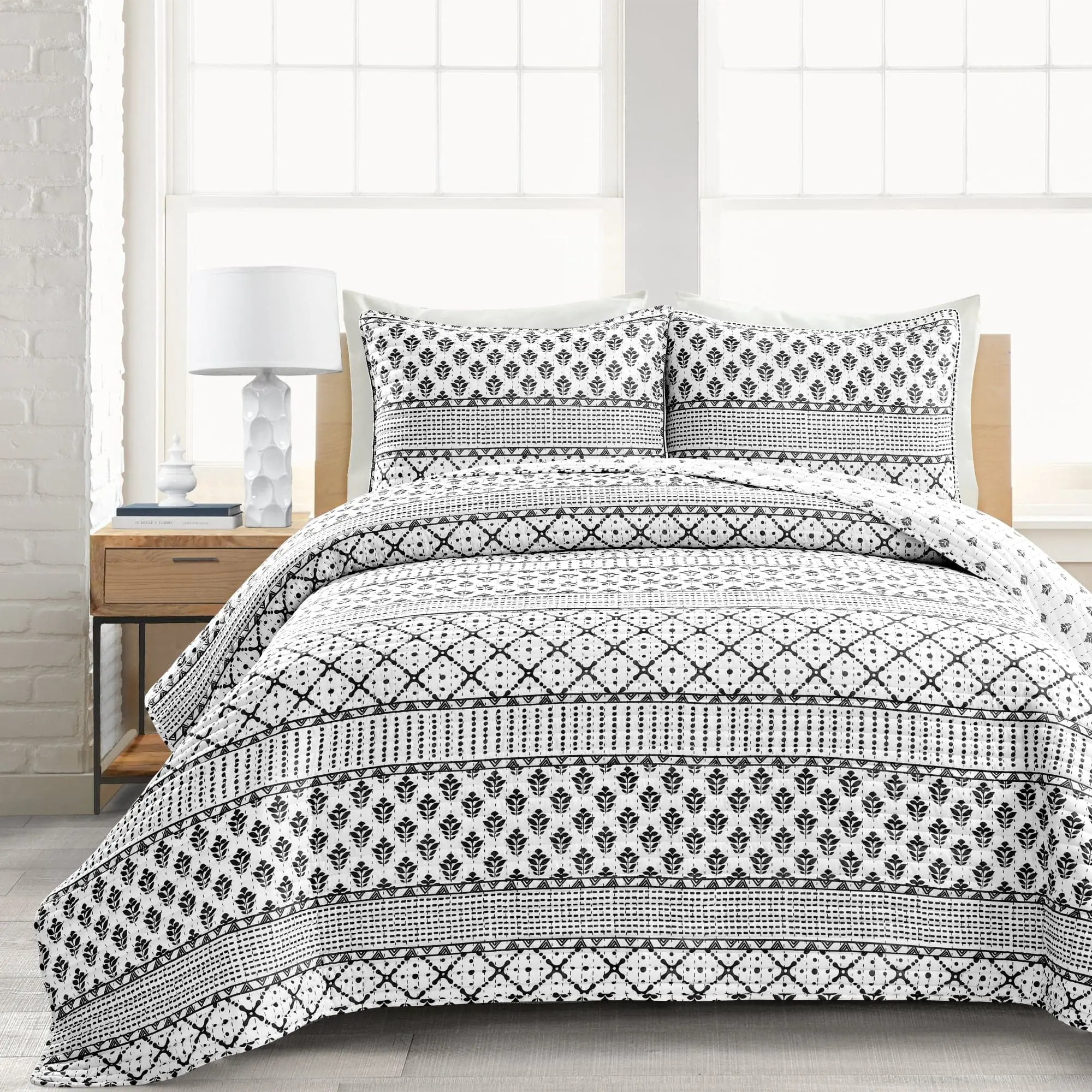 Lush Decor Monique Stripe 3 Piece Quilt Set with Black and Gray Patterns, Includes Pillows and Blanket