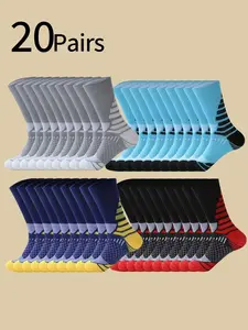 20 Pairs Men's Long Football Socks, Fashion Colorblock Sports Socks, Non-Slip Running Socks, Outdoor Hiking Socks, Moisture-Wicking