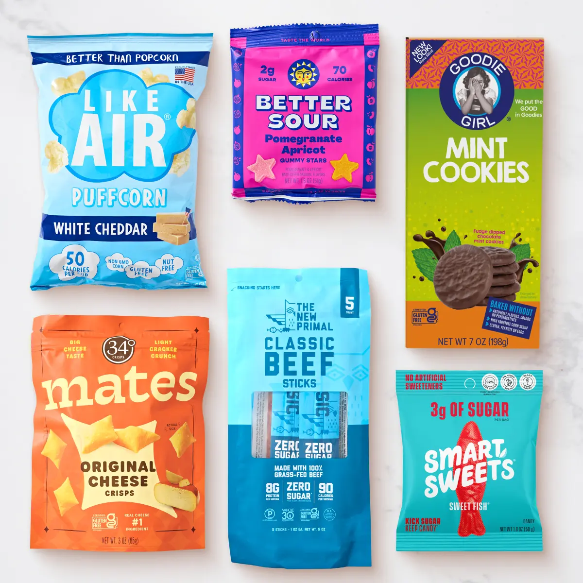 Hungryroot Healthy Protein Snack Gift Set - 6 Crispy & Flavorful Snacks Including Mates Original Cheese Crisps, Better Sour Gummies, New Primal Beef Sticks, Lemon-Infused Options & More