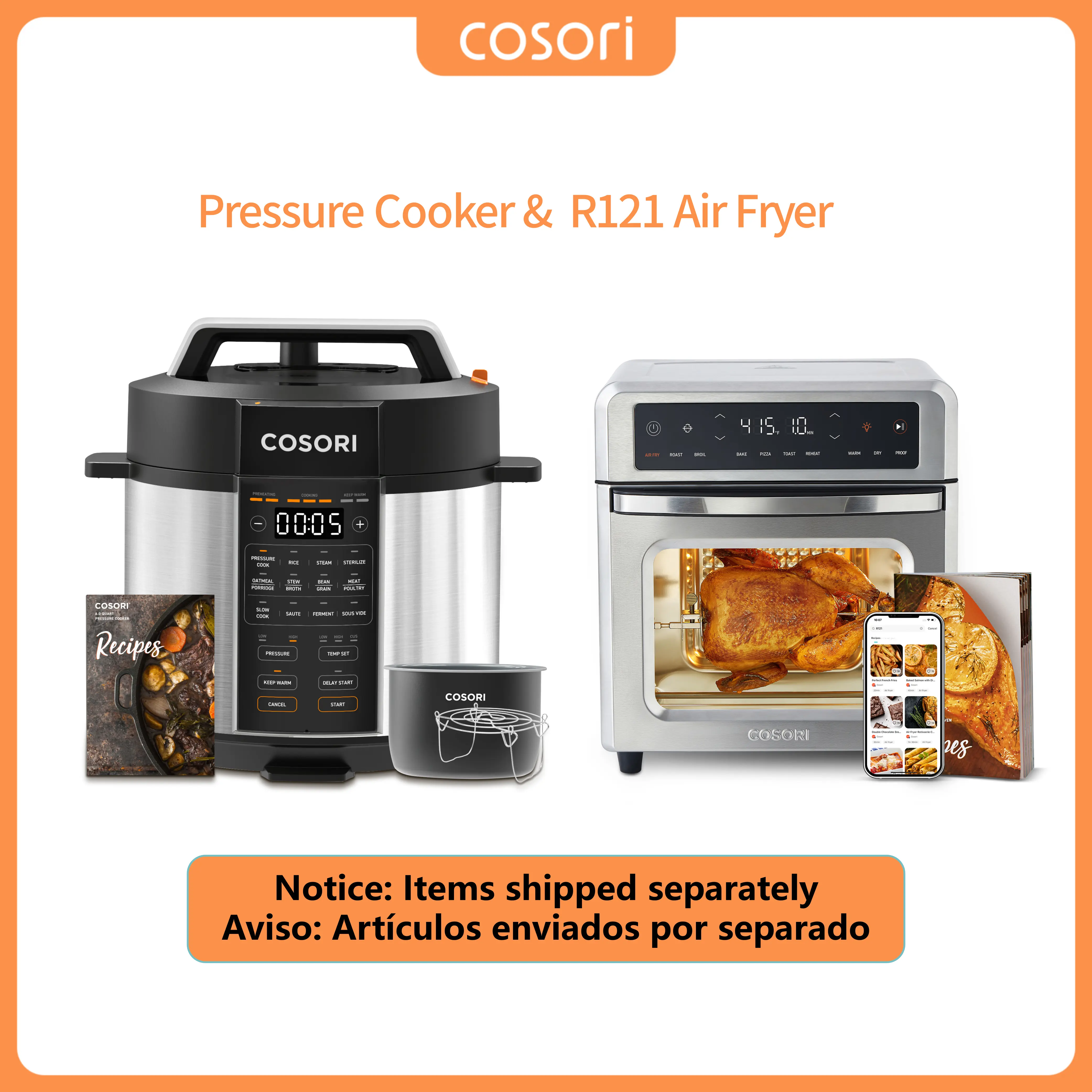 COSORI Pressure Cooker & R121 Rotisserie Air Fryer Oven Bundle - Smart Kitchen 9-in-1 6Qt 110V 1800W Electric Multi-Cooker, 11-in-1 13Qt Automatic Multi Functional Fryers, Bake/Toast/Reheat, 13.5"D × 13"W × 14.5"H, 15.4 lb, for All-Day Use