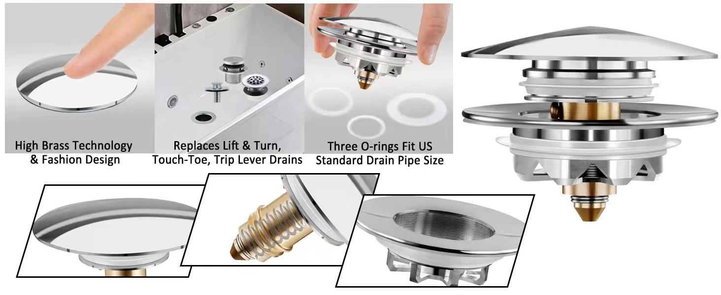 Bathtub Drain Stopper, Pop Up Tub Stopper and Cover, Bottom with Hair Catcher, Universal for 1.45 to 1.8 in Drain, Replaces Old Drain Plug, Chrome Silver