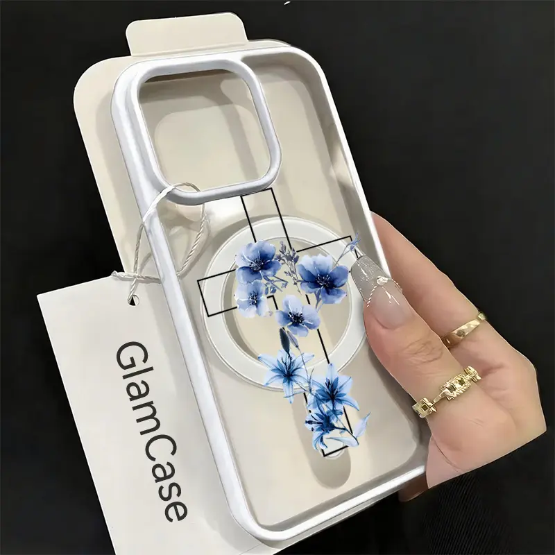 Blue Floral Watercolor Acrylic Magnetic Smartphone Case - Delicate Botanical Casing Cover with Protection for iPhone 17,16,15,14,13,12,11 Plus Pro Max (A13)