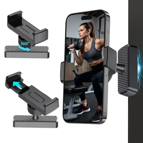 Magnetic Gym Phone Holder, 360° Adjustable Strong Magnet Phone Mount for Workout Recording, Portable Hands-Free Fitness Accessory for Gym Equipment, Compatible with Android Phones and iPhone 16/15/14/13/12