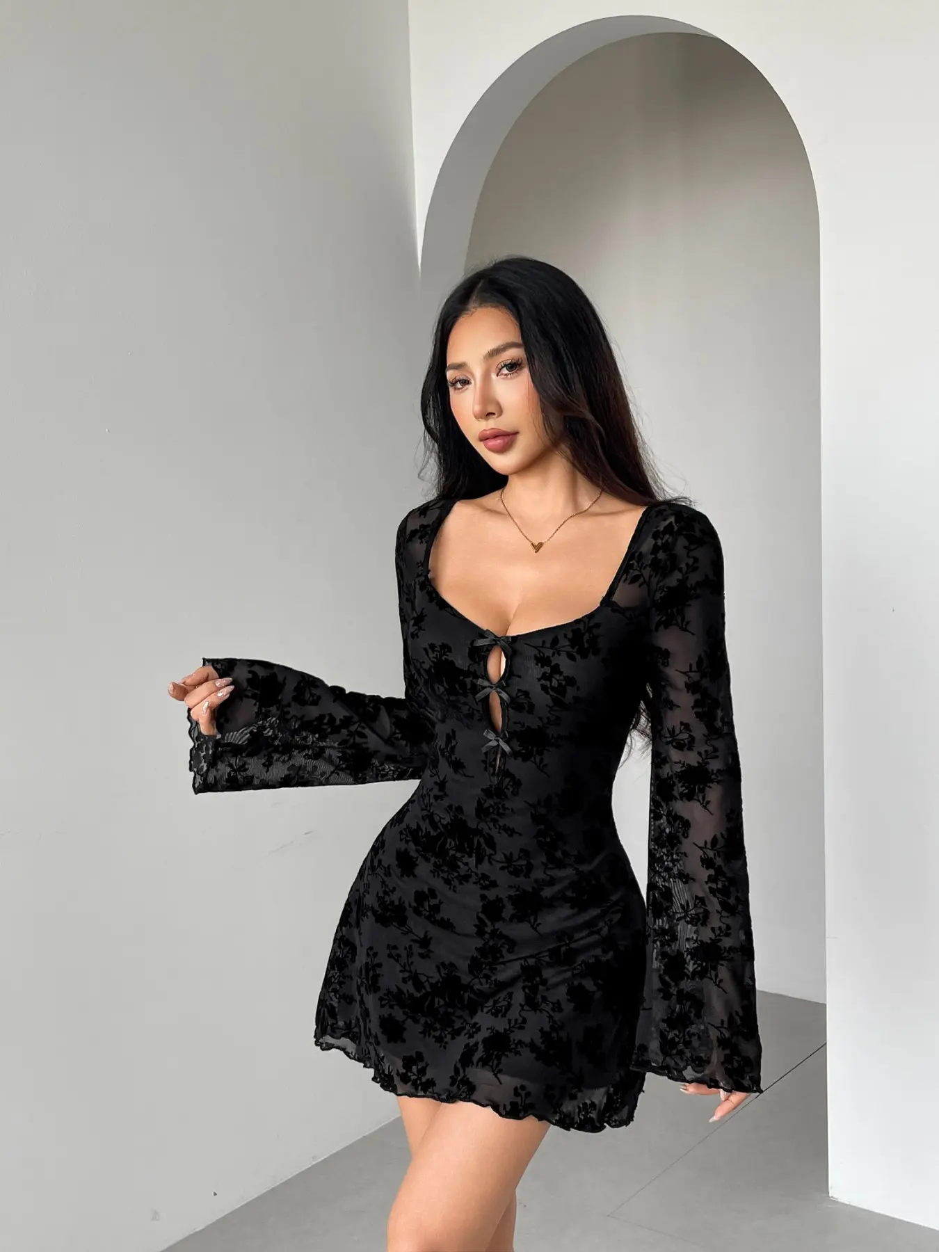 Velvet Mesh Long Sleeve Slim Fit Elegant Romantic Dress, Square Neck Tie Front Design, Backless U Cutout, Sheer Floral Fabric, Party Night Outwear, Womenswear, Elegant Dresses