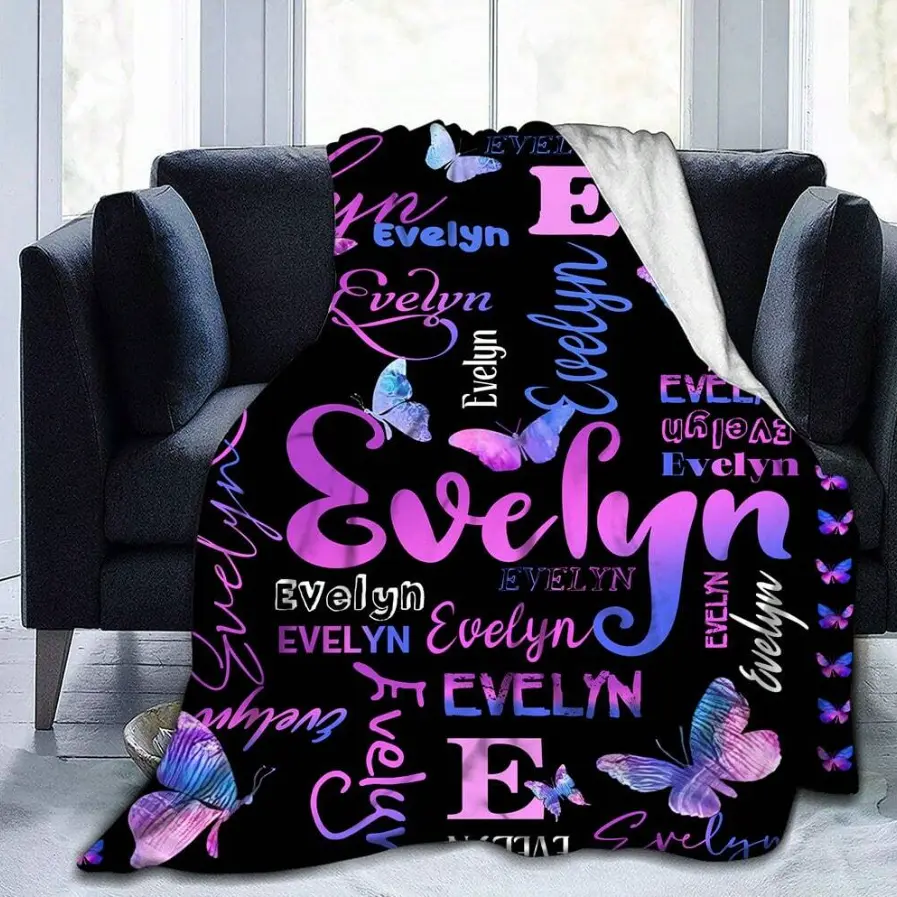 1pc Personalized Simple Art Gradient Butterfly Print Customed Flannel, Customization Your Name Flannel Blanket, Soft And Warm Memorable Moments Commemorative Blanket, Great Holiday Gift For Father's Day, For Graduation, For Weddings, Flannel Fabric, One-P