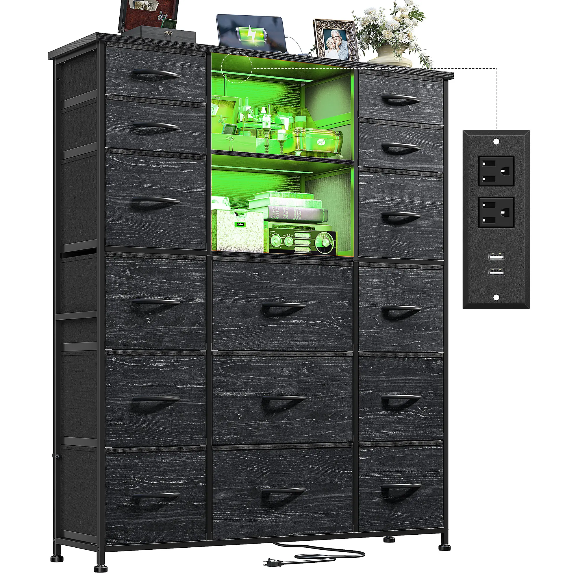 【Small Space Storage】Raybee 15 Drawers Tall Dresser with LED Lights & 4 Charging station for Bedroom, 51''H Modern Storage Organizer for Living room, Closet, Entryway, Easy assembly, Easily Take Apart & Put Back,#Apartment & Dorm Storage Solution
