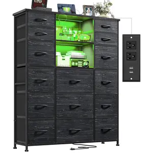 Raybee 15-Drawer Dresser with LED Lights & 4 Charging Ports Modern Storage Organizer for Bedroom Closet Entryway Black Chest Above 25 kg