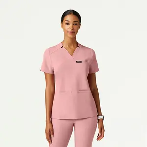 Helia Slim Notched V-Neck Scrub Top - Mauve