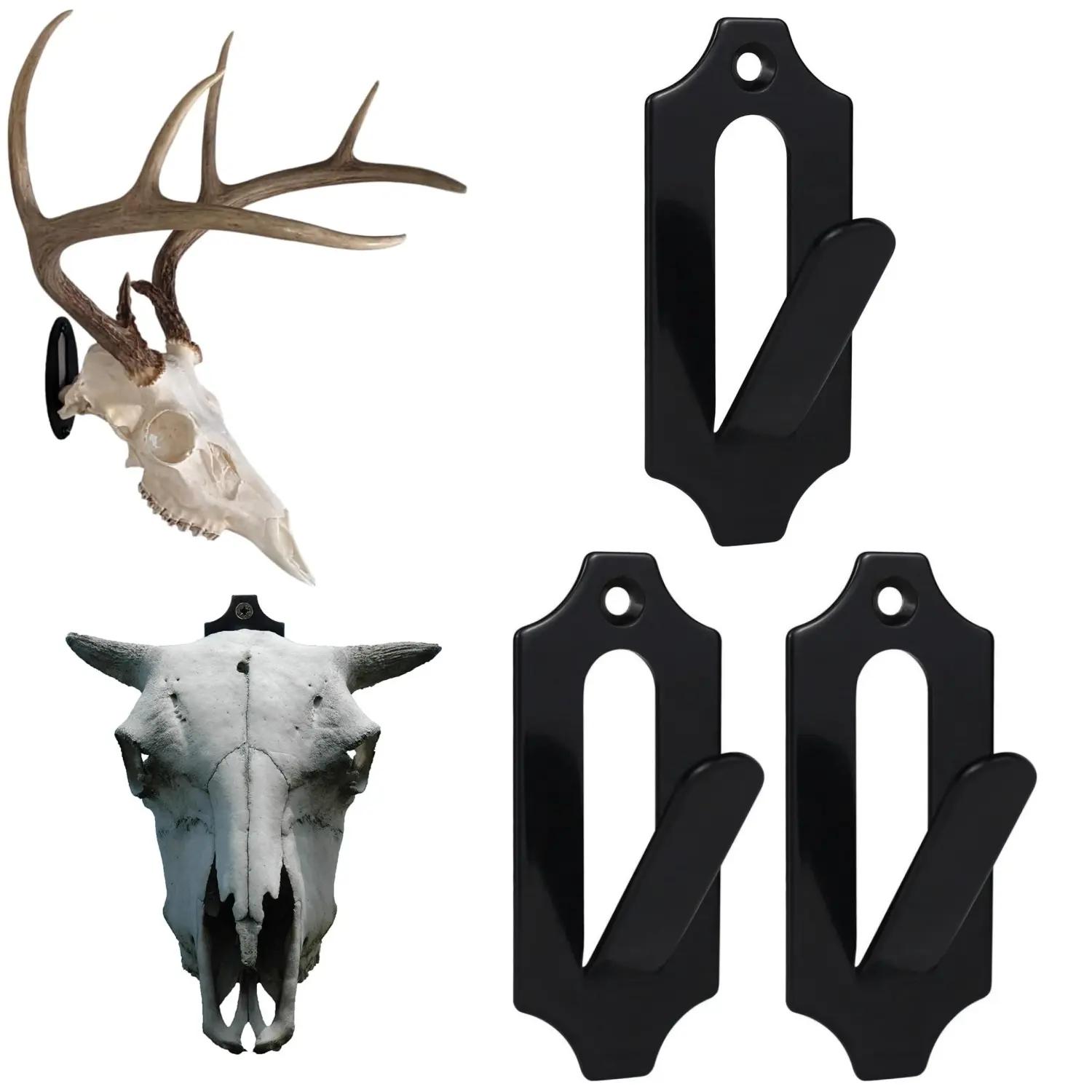 9/6/3Pack Black Stainless Steel Deer Skull Mount Hanger Tool , 3.5" h x 1.5" Heavy-Duty Rust-Resistant Weatherproof Euro Wall Hook for Deer Head & Pronghorn, Easy-Install Kit for Indoor Home Improvement Decoration