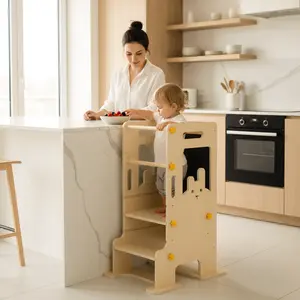 Hicooo Rabbit Shape Toddler Kitchen Step Stool Foldable Learning Standing Tower with Blackboard Wooden Kitchen Stool Helper for Kids 1-3 Year Old Boy Girl Gifts