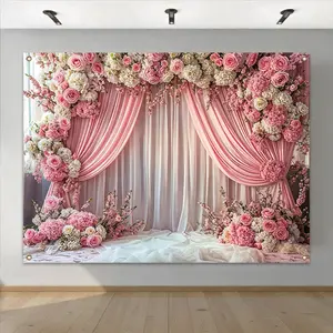 Flower & Curtain Pattern Wedding Themed Backdrop, 1 Count Romantic Wedding Party Decoration Banner, Wall Decor for Home Living Room Bedroom, Ornaments, Photo Backdrops, Wedding Arch Backdrop