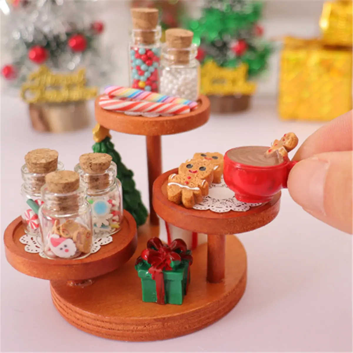 17pcs Unisex Christmas Miniature Dollhouse Decor Set - Colorful Accessories: Drink-Glass Bottles, Candies, Gingerbread Men, Trees, Lollipops - BJD Props for Doll Houses & Playsets, Decorating