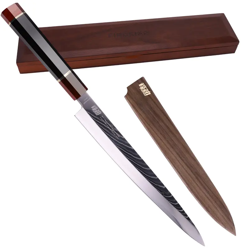 FINDKING Prestige Series 10.5 In Yanagiba Kitchenware Cutting Knife - Japanese SKD11 Damascus Steel Blade, Ebony Octagonal Handle, Walnut Cover, Professional Sashimi Sushi Fish Knife with Wooden Gift Box