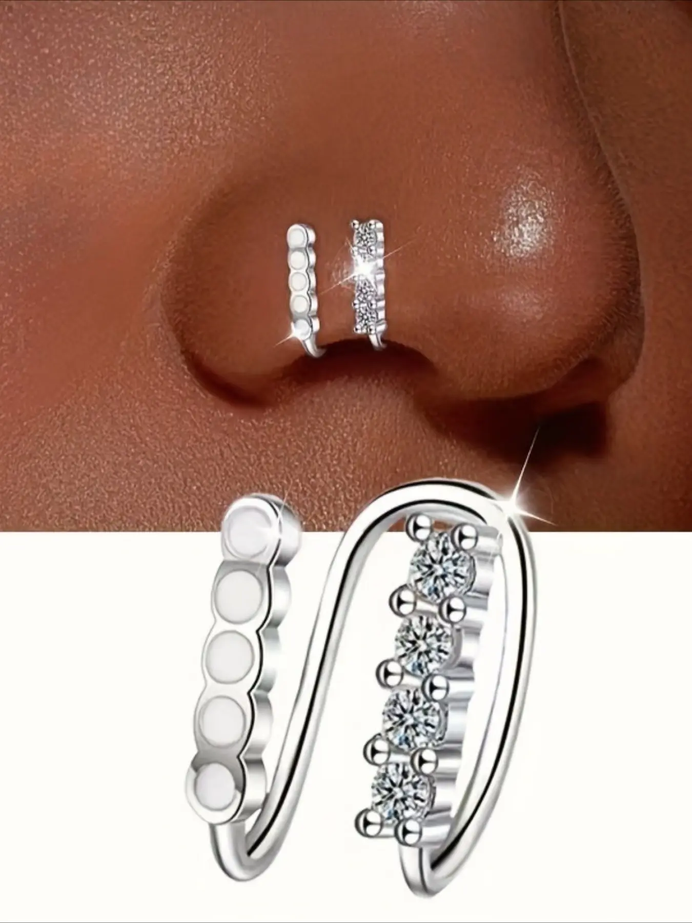 Women's Non-Piercing Nose Clip Set: 1pc + Ear Clips, No Piercing Required, Double Layered, Unique White Circle Design with Y2K Style, Minimalist Square Synthetic Zirconia Inlay & Sparkling Accents, S925 Silvery, Body Jewelry Accessory, Body Jewellery