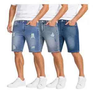 Clean Gent 3-pack: men’s American-style summer slim stretch denim shorts, breathable fabric, gradient distressed wash finish—an ideal gift for husband or son.