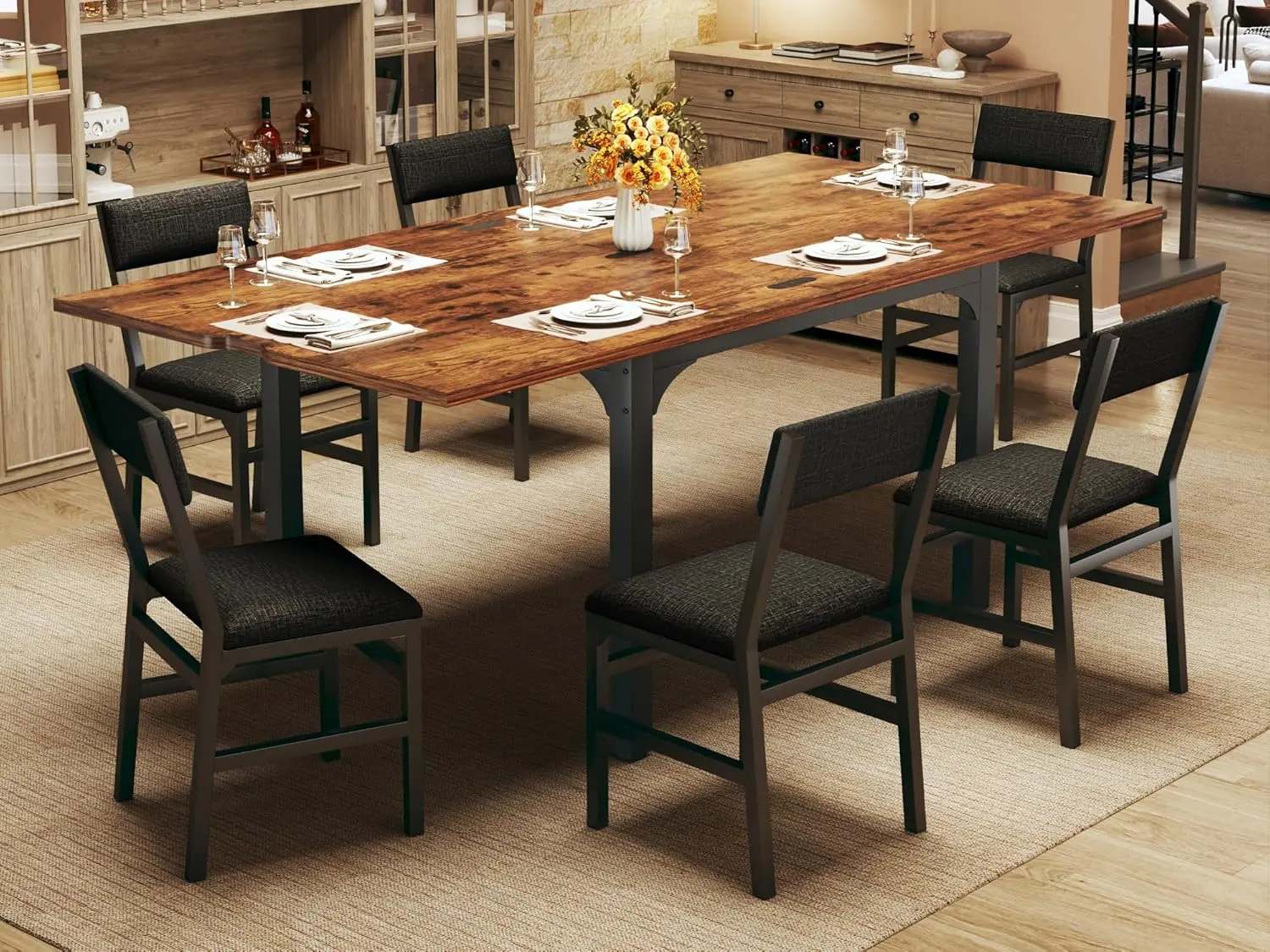Upholstered Dining Set - 7-Piece Rustic Extendable Foldable Rectangle Dining Table Chairs (59"L x 31.5"W x 30.3"H Expand) with 6 Ergonomic Cushioned Chairs, MDF Board & Metal Frame, Space-Saving for Small Apartments (4-6 Seats)