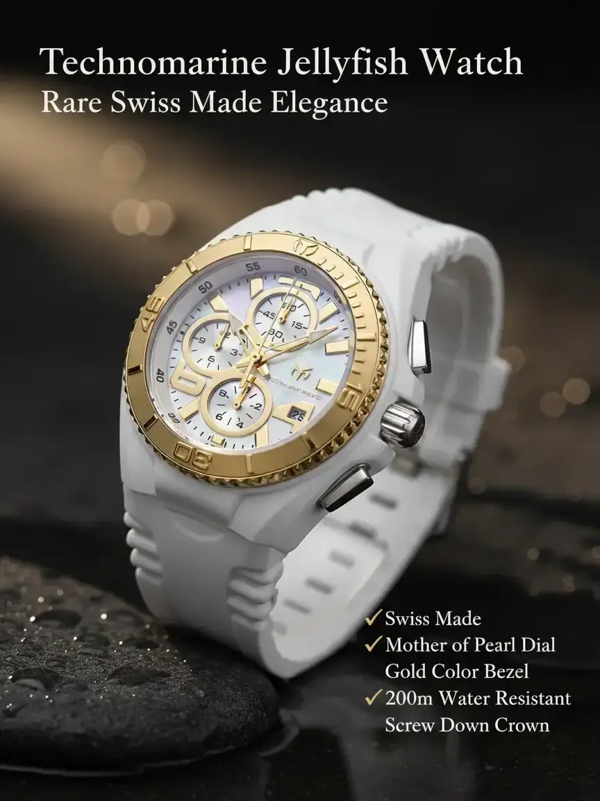 Invicta SWISS MADE TechnoMarine Cruise JellyFish Lady's 40mm Rare Watch Genuine Mother of Pearl Chronograph Dial Gold Engraved Bezel White Gel Silicone Strap Screw Down Crown 200m Water Resistant Long Discontinued Collector Piece Luxury Gift