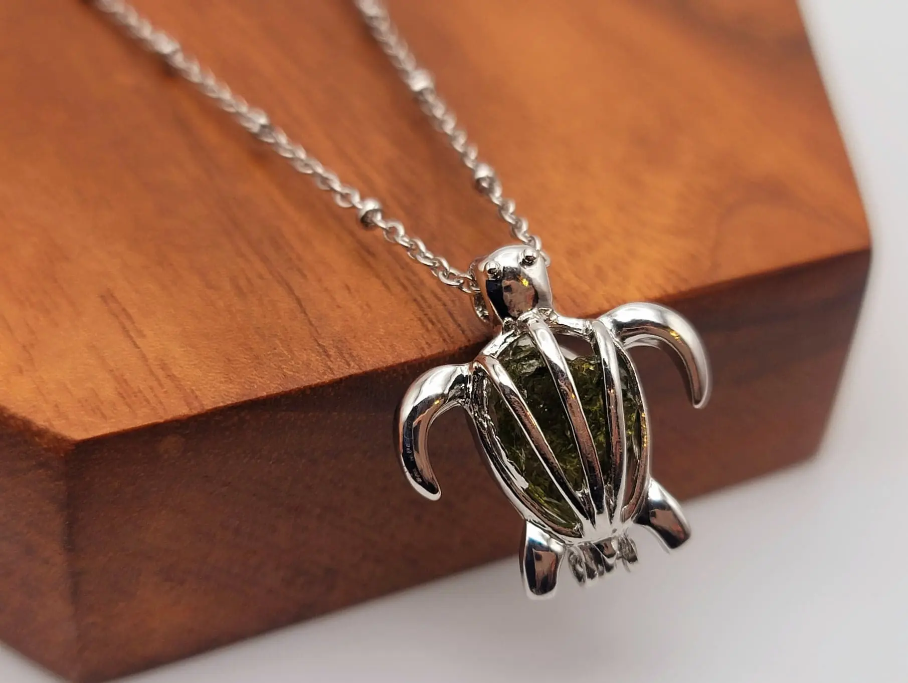 100% Genuine Natural Moldavite Turtle Locker Necklace  Silver Tone