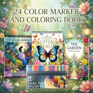 3pcs Coloring Books, 24 Colors Markers, Dual Tip Brush Pens, Paint Pens Markers - Butterfly, Flowers & Garden Themes - Beginner-Friendly Designs for Adults - Thick Paper for Leisure and Mindfulness - Perfect Gift for Christmas & New Year