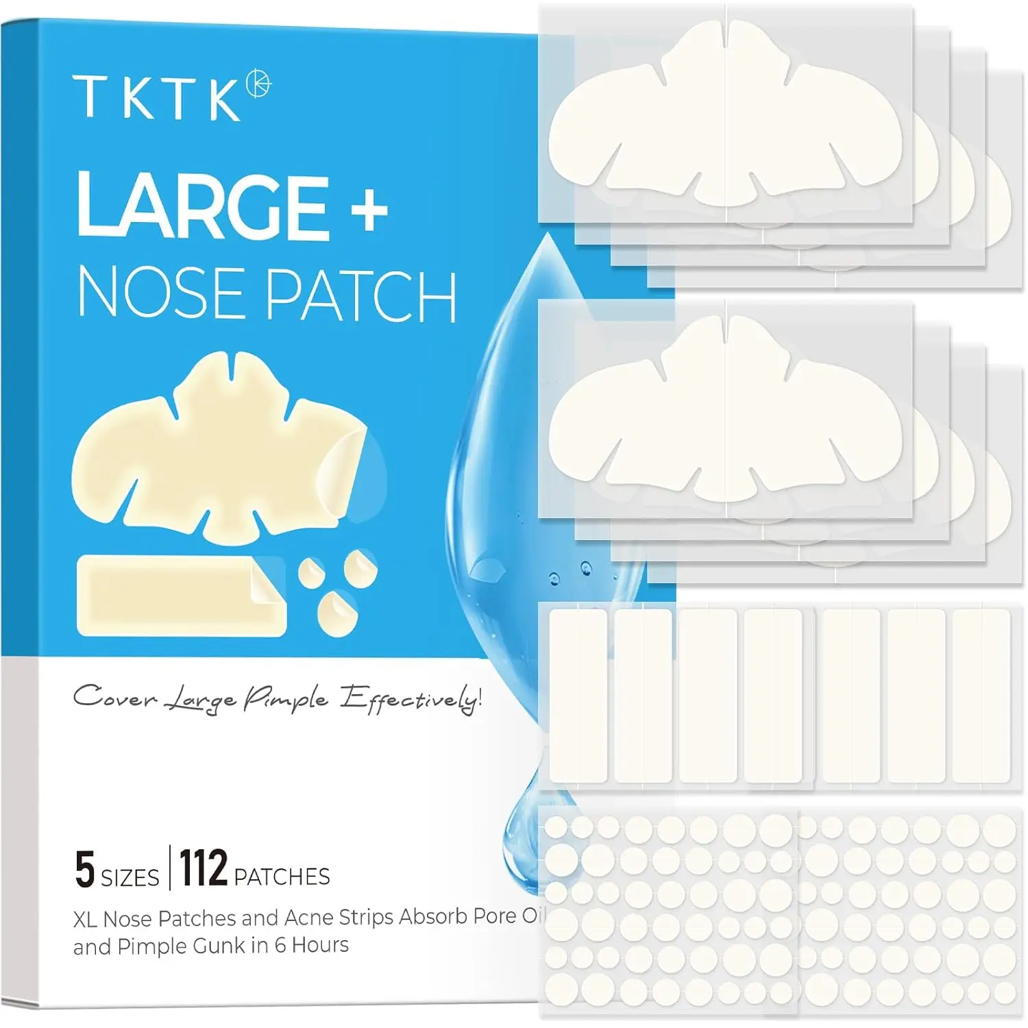 TKTK Hydrocolloid Nose Patches, XL Nose Pore Strips 91 x 48 mm, Large Hydrocolloid Acne Pimple Patches for Face, Cover Zit Blemishes & Absorb Oil (Nose Contoured, Strip, Dots 5 Sizes 112 Count)  #mothersdaygift  #Summervibes