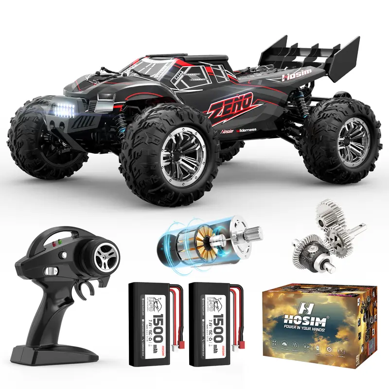 HOSIM 1:10 Scale Hobby Grade RC Car - 4X4 AWD Off-Road RC Vehicle for 3+ Years Cars Kids, 48+ km/h High-Speed, 2.4GHz, Waterproof, LED Lights, 100m Range, 2 x 1500mAh Batteries (1500mAh per Battery), Bathtub Chassis, Metal Parts, Adventure Gift