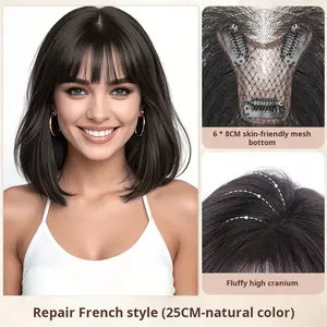 Women's curtains/French straight bangs wig piece, top hair volumizer, fluffy fake bangs, covers white hair, seamless high-top wig piece, wide parting,natural straight clip-in hair extensions,soft hair strands, straight high-definition lace front real hair