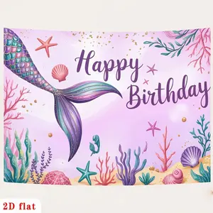 2D Flat - 2D Flat - 1pc 2D Flat Happy Birthday Banner | Iridescent Mermaid Tail, Colorful Starfish, Seashells, Pink Underwater Background Polyester Backdrop For Party Decor, Farm, Garden, Home