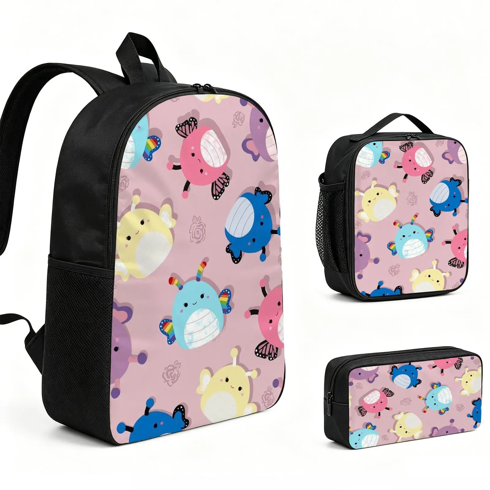 Squishmallows Backpack 3pcs Set with Vibrant Print, Durable School Bookbag with Insulated Lunch Tote and Pencil Bag for Teens Boys Girls, Multi-Functional Laptop Travel Daypack Gift for Kids L-170