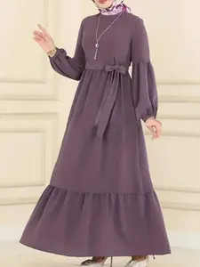 Muslim Long Robe Dress for Women, Modest Caftan Spring Belted Waist Lantern Sleeve Vintage A-Line Maxi Dress, Retro Style Clothing, Islamic muslim clothing