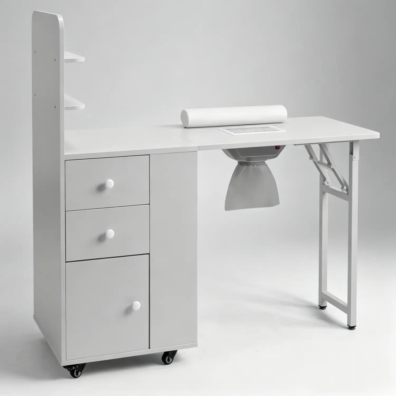 Commercial Salon Foldable Nail Desk - Modern Makeup Vanity with 2 Open Shelves, Electric Dust Collector, Wrist Cushion, Lockable Wheels