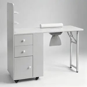 Foldable Nail Desk Manicure Table, Makeup Beauty Salon Storage Table w/2 Open Shelves, Electric Dust Collector, Wrist Cushion,Lockable Wheels