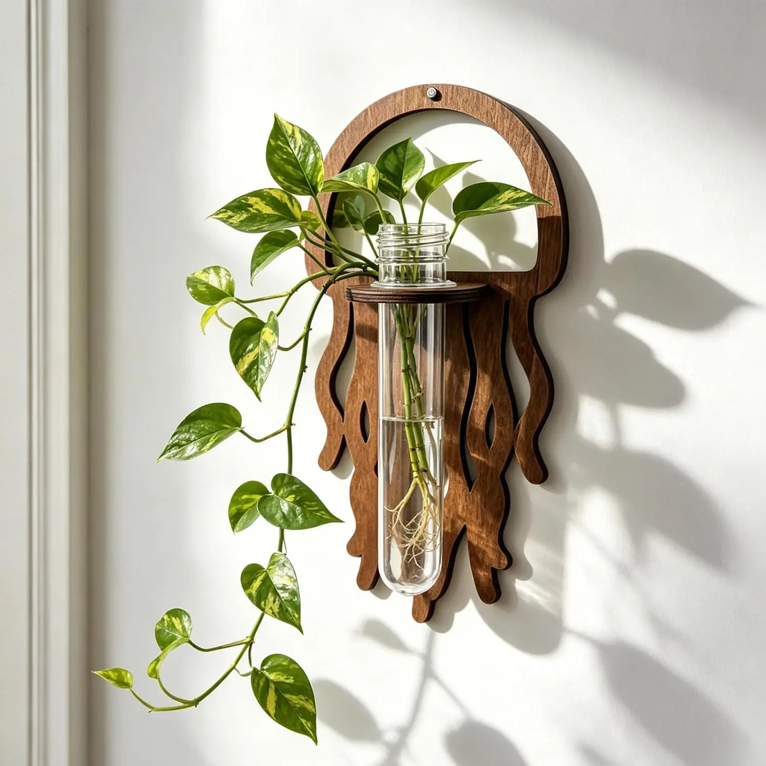 Yilybuy Wooden Jellyfish Wall Hanging Vase (7.87×4.13 in) with Plastic Flower Tube, Coastal Home Decor - Plant, Floral Decor for Home Styling, Room Art, Dried Flowers & Greenery