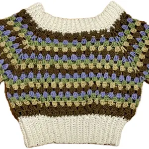 Crochet Granny Stitch Striped Long Sleeve  Sweater