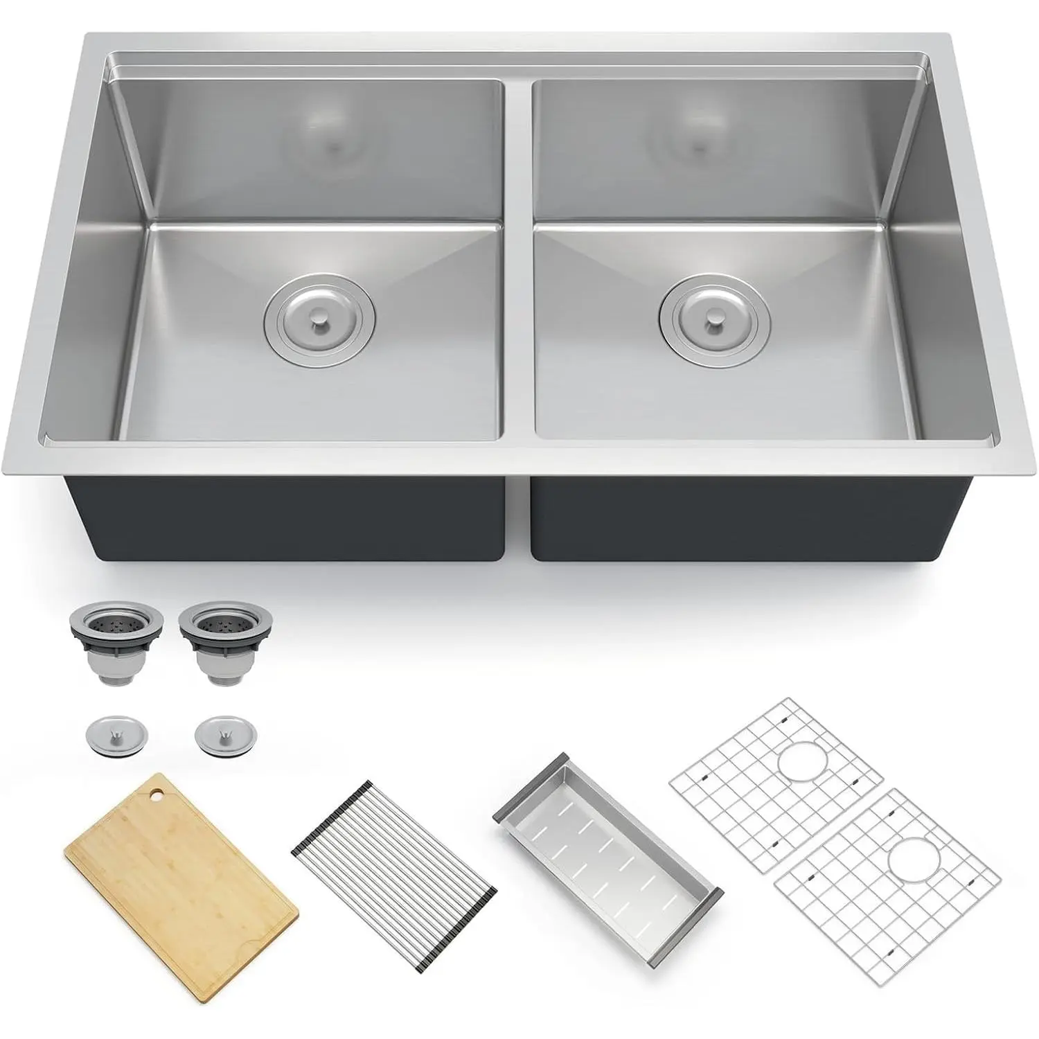 33-inch 304 Stainless Steel Double Bowl Kitchen Sink - 6-Piece Kit, Dual Mount, Drop-In, Durable, Noise Reduction, Bottom Grid