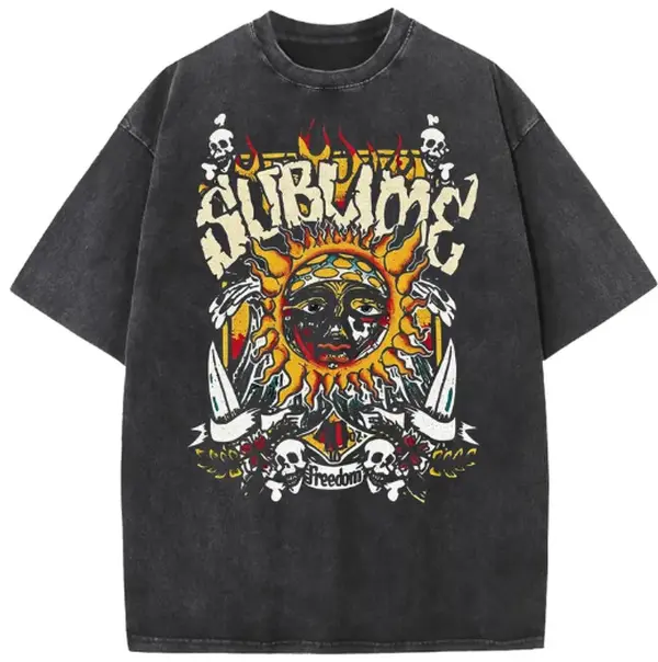 Women's Retro Baggy Vintage Round Neck Cotton Short-Sleeve T-Shirt - Acid Washed Fuzzy Sun Pattern  Printed Breathable Streetwear Trending Casual Graphic Top, Women's Tops, Good Graphic Tees, Shirts For Women
