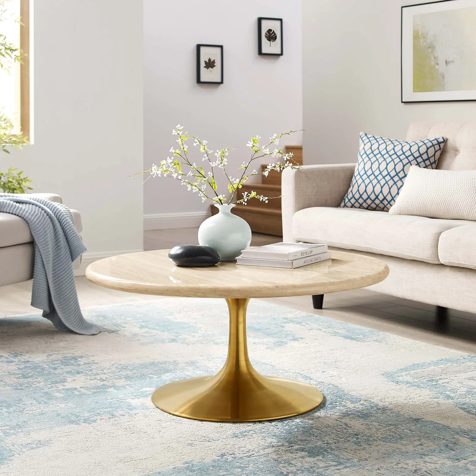 Modway Lippa 36" Round Chip-Resist Artificial Travertine Coffee Table - Gold Travertine Finish, Modern Furniture, Large Round Dining Room Furniture, Assembly Required, Clean Design, Indoor Living Room Decor
