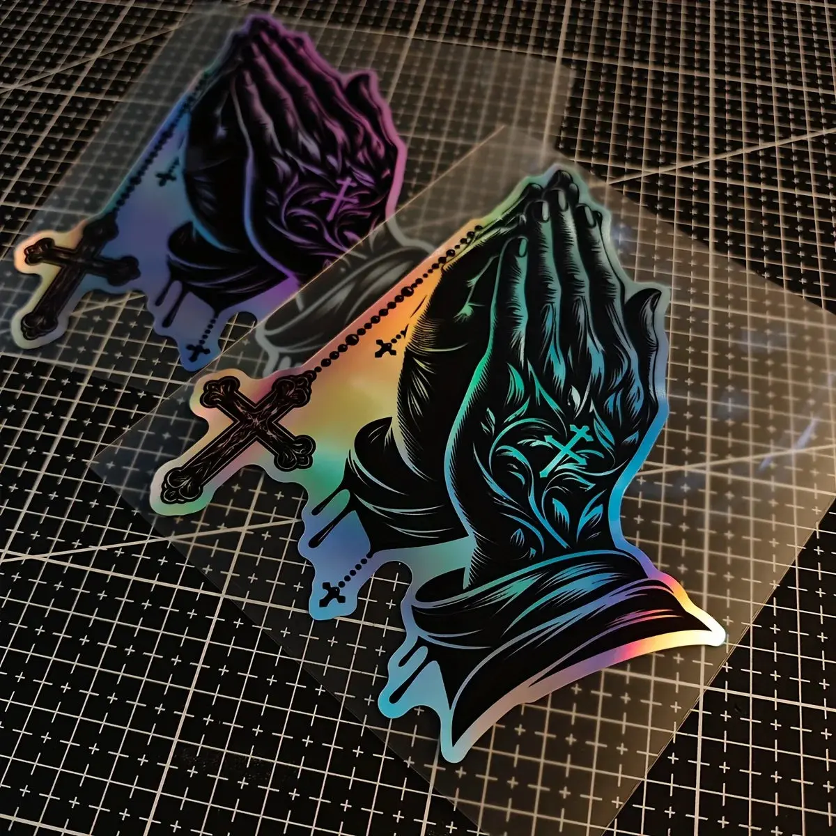 1PC Religious car sticker - Christian praying hands and cross, black gradient to purple - suitable for cars, trucks, motorcycles