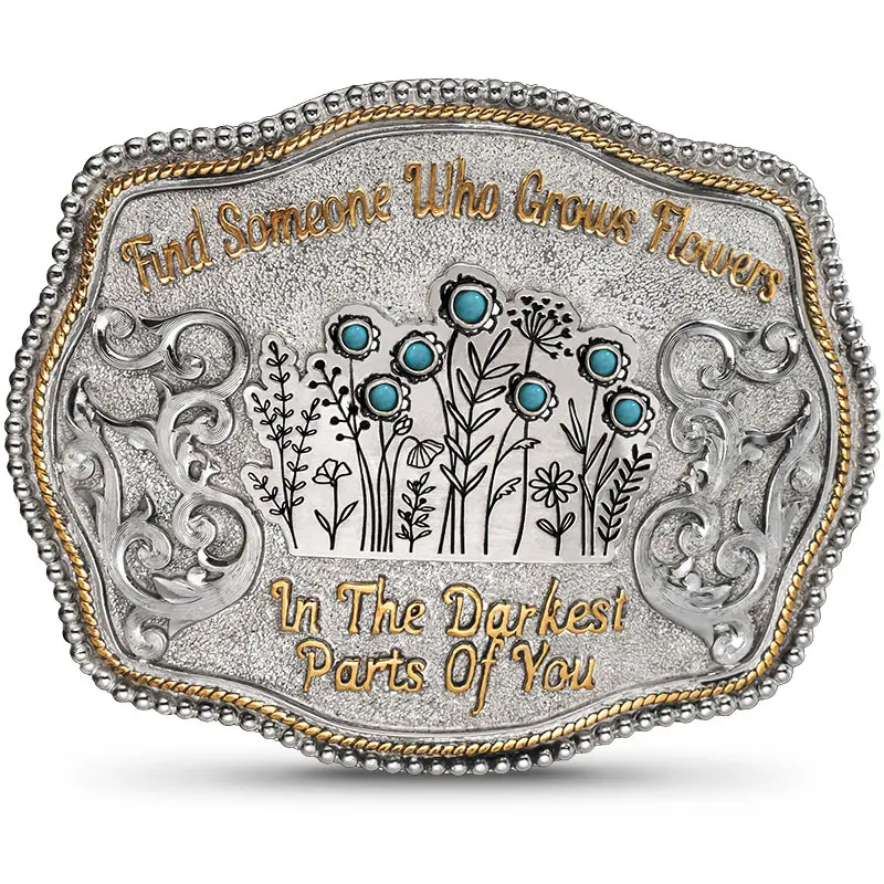 Find Someone Belt Buckle - Inspirational Western, Handcrafted Detailing, Cowboy Aesthetic Wild West Engraving, Simulated Turquoise Stones, Meaningful Message