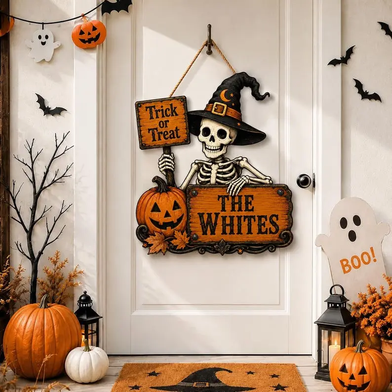 Skeleton Halloween Door Hanger, Witch Skeleton Family Name Sign, Custom Wooden Front Door Decor, Trick or Treat Porch Sign