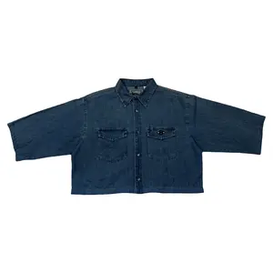 Denim Boxy Waistline Cut Shirt Reworked & Upcycled Short Sleeve Top with Front Pockets Button Closure Eco Friendly Versatile