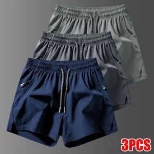 3-pack men’s plain solid-color shorts with drawstring and zippered pockets; men’s clothing; machine washable; beach vacation outfit; athleisure casual style; elastic waistband; breathable summer shorts—men’s athletic bottoms.