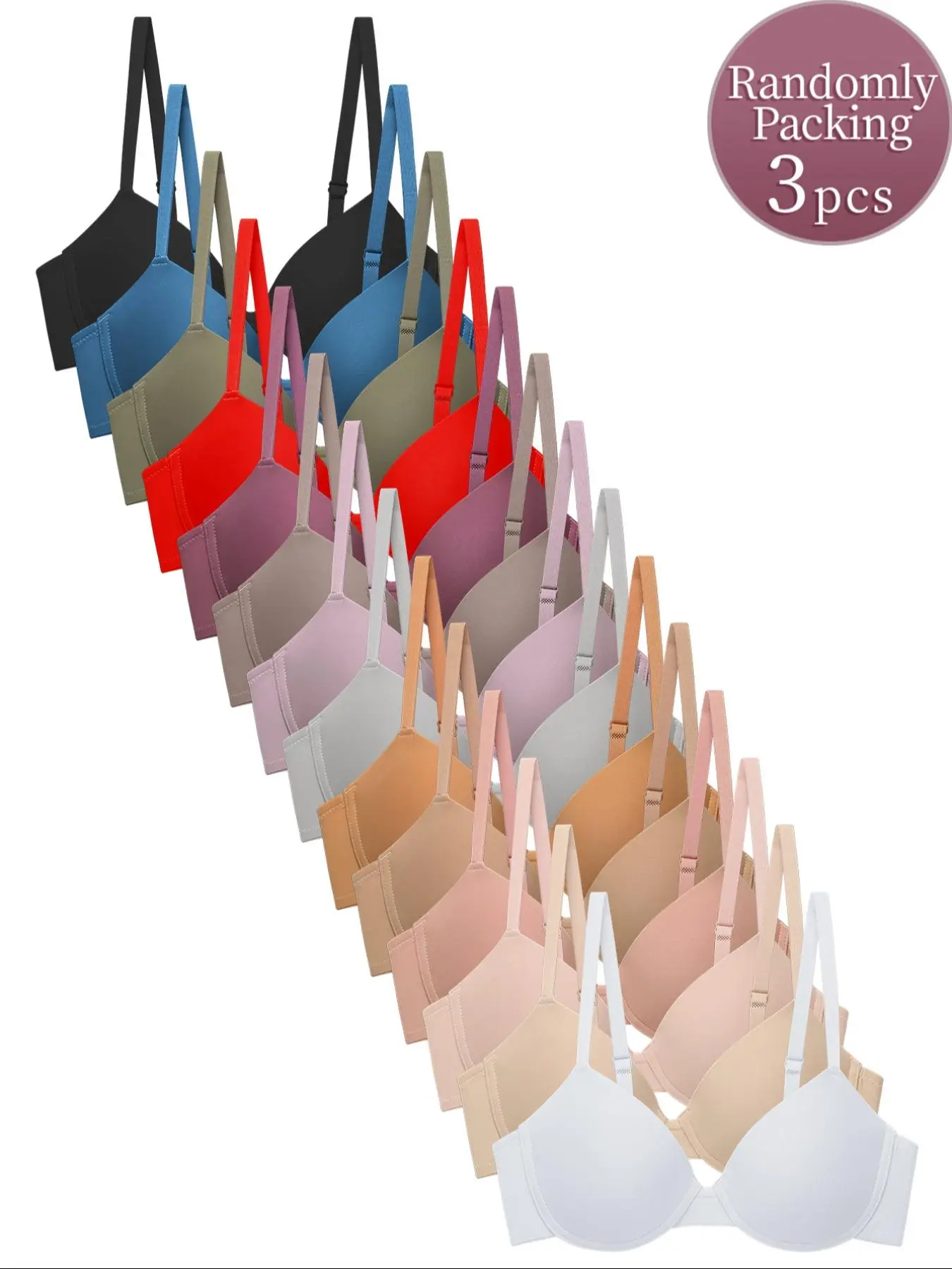 Random Three-Piece Set Only three pieces included Women's Solid Color Push Up Everyday Essential Bra, Adjustable Strap Underwire Bra, Soft Comfortable Breathable Medium Stretch Bra for All Seasons, adjustable bras, Womenswear