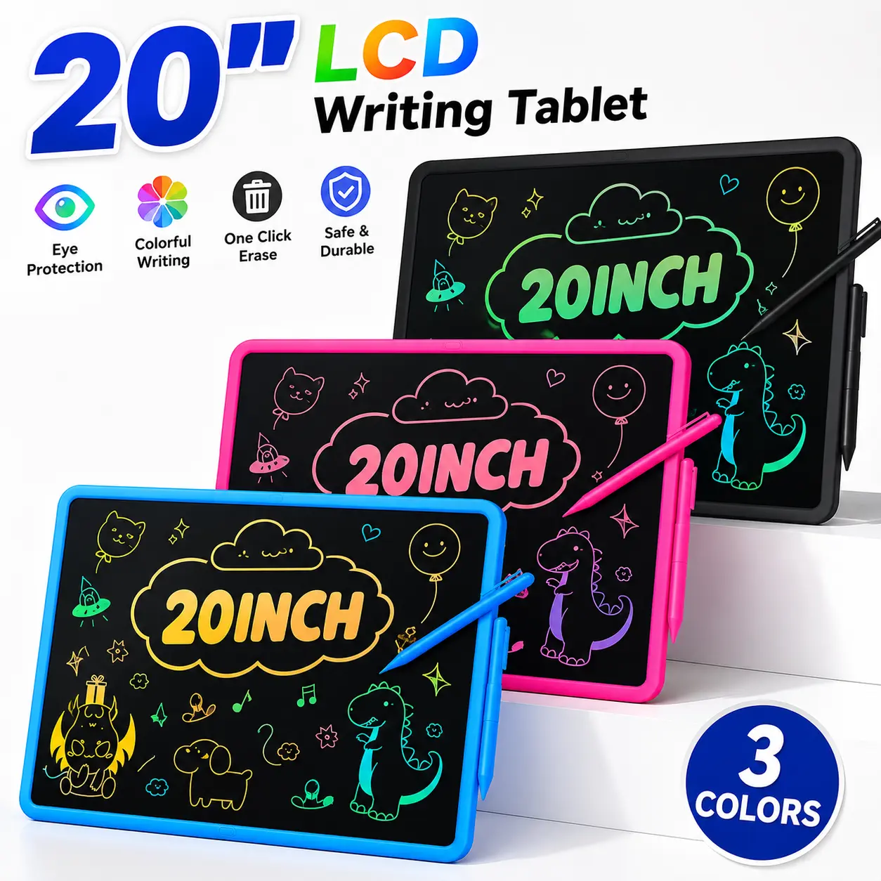 20-Inch LCD Writing Tablet Device for Kids, Large Colorful Drawing Board with Stylus, 1-Touch Erase, Screen Lock, Reusable Paperless Pad, Boosts Creativity & Learning, Portable Educational Gift for Home & Travel, Electronics Devices